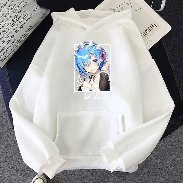 Harajuku Re:ZERO Starting Life In Another World Hoodies Cartoon Kawaii Rem Unisex Fashion Loose Sweatshirts