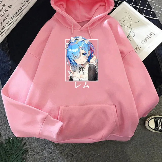 Harajuku Re:ZERO Starting Life In Another World Hoodies Cartoon Kawaii Rem Unisex Fashion Loose Sweatshirts