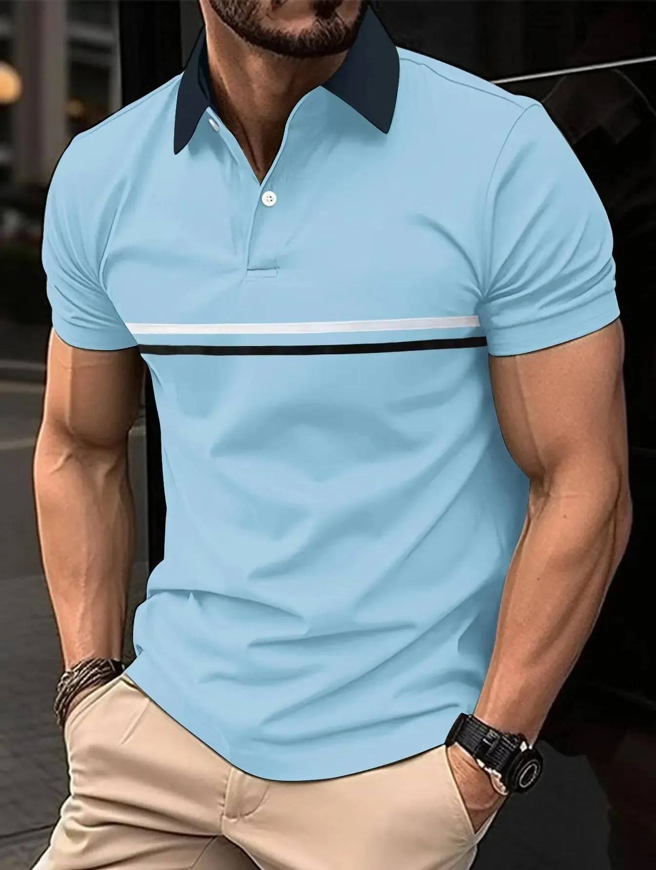 Wiaofellas  -  Short Sleeved Lapel T-Shirt For Men With Button Stripes 3d Printed Summer Casual And Comfortable Sports Polo Top