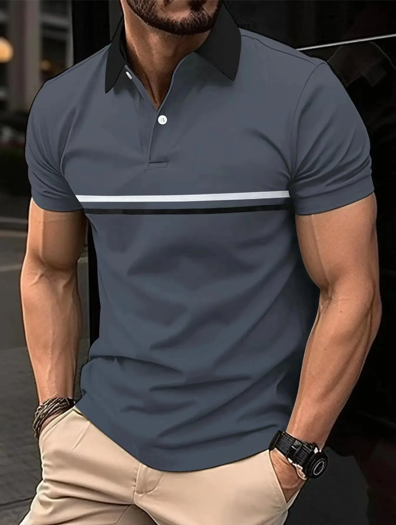 Wiaofellas  -  Short Sleeved Lapel T-Shirt For Men With Button Stripes 3d Printed Summer Casual And Comfortable Sports Polo Top
