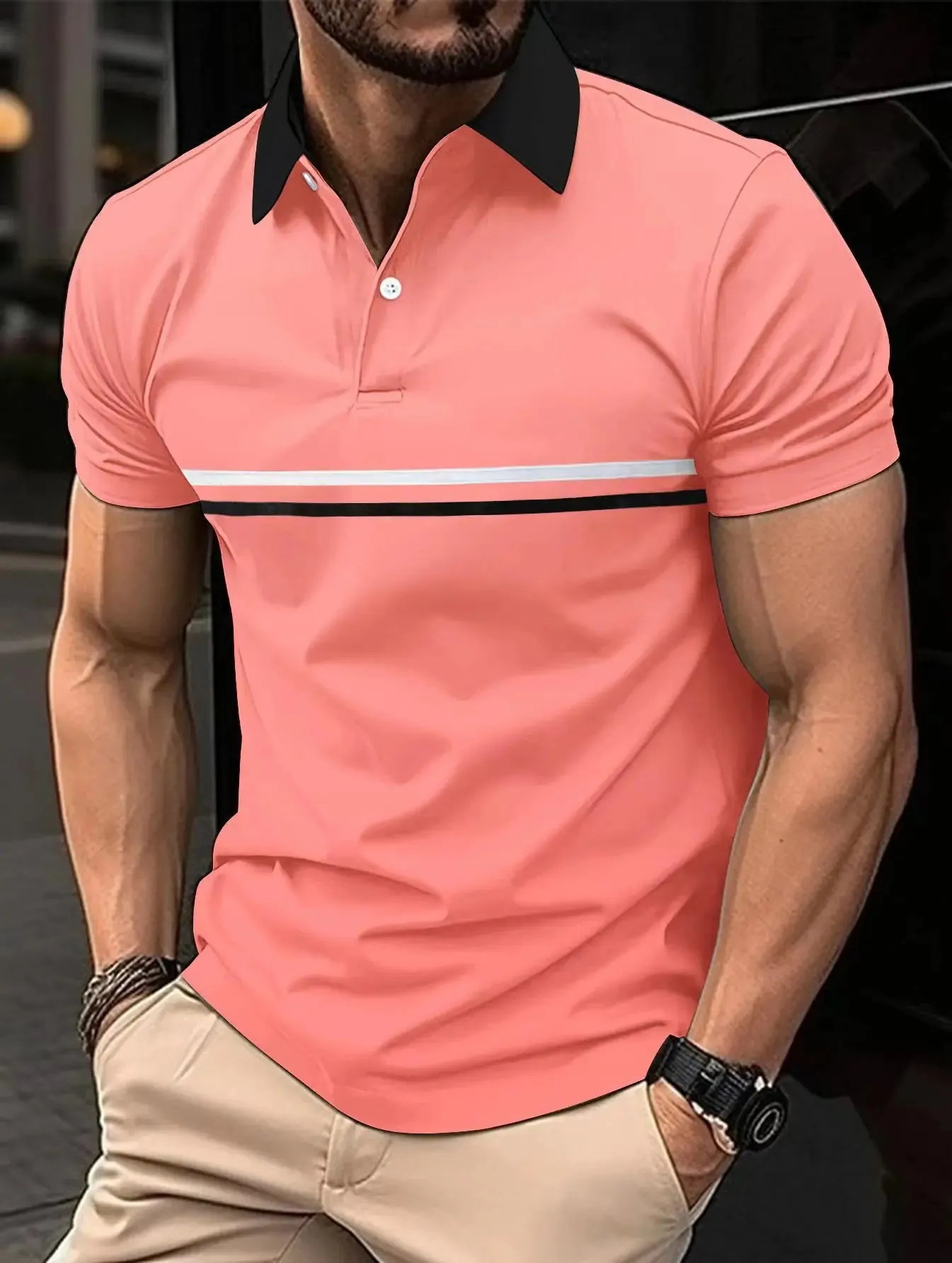 Wiaofellas  -  Short Sleeved Lapel T-Shirt For Men With Button Stripes 3d Printed Summer Casual And Comfortable Sports Polo Top