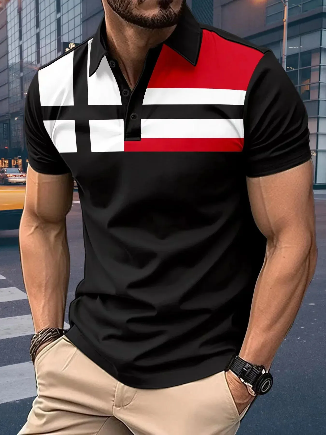 Wiaofellas  -  Short Sleeved Lapel T-Shirt For Men With Button Stripes 3d Printed Summer Casual And Comfortable Sports Polo Top
