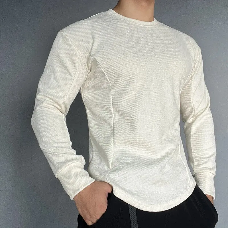 Wiaofellas Solid Round Neck Training Shirts Tee Fashion Man Breathable Solid Long Sleeve Pullover t Shirt Casual Sports Men Basic Tops