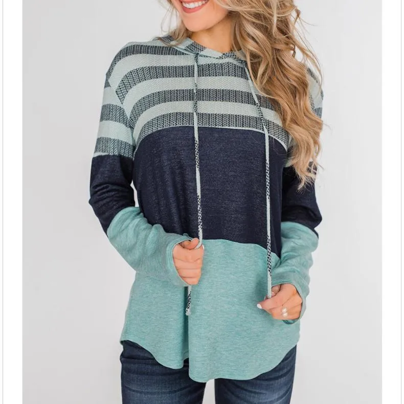 Women stripe printed drawstring long sleeve sports hoodied sweatshirt