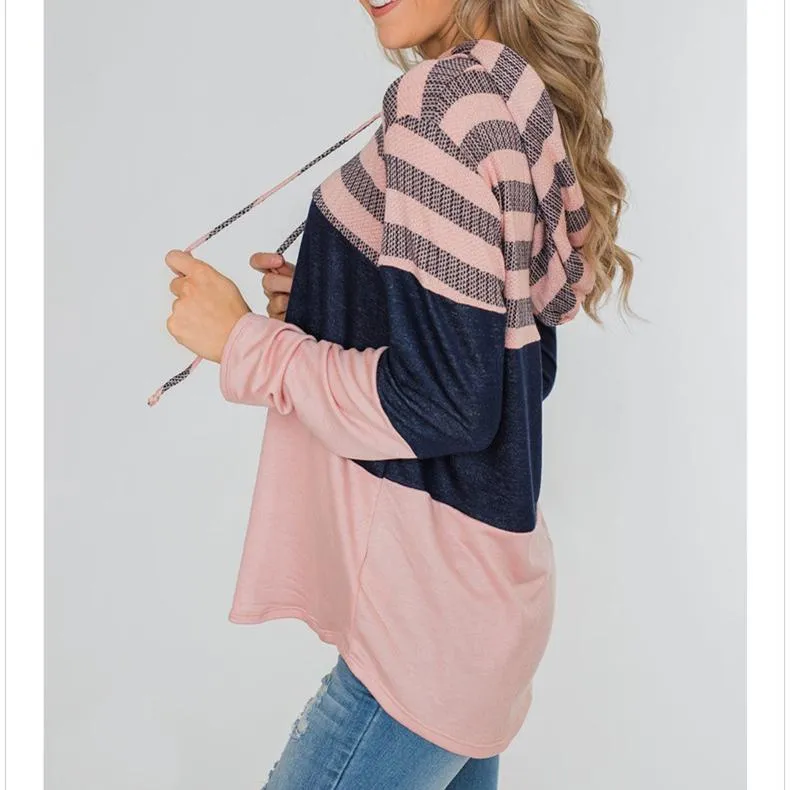 Women stripe printed drawstring long sleeve sports hoodied sweatshirt